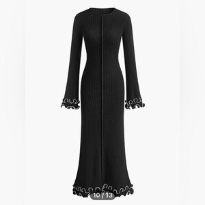 🖤 Commense Ribbed Knit Maxi Dress Contrast Ruffle Trim Black NWT M